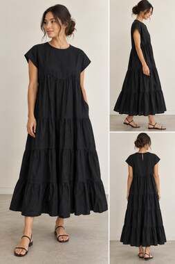 Merlette Black Pima Cotton Tiered Midi Casual Dress Size Medium